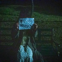 夜のベンチで怪文書を掲げる謎の女性の写真