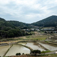 春日集落の棚田と山間の集落の写真