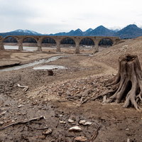 糠平湖に沈むタウシュベツ川橋梁と湖底の切り株の写真