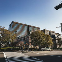 法務省前の横断歩道と庁舎、霞が関の官公庁エリアの写真