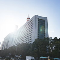 強い日差しに照らされた警視庁の建物のシルエットの写真