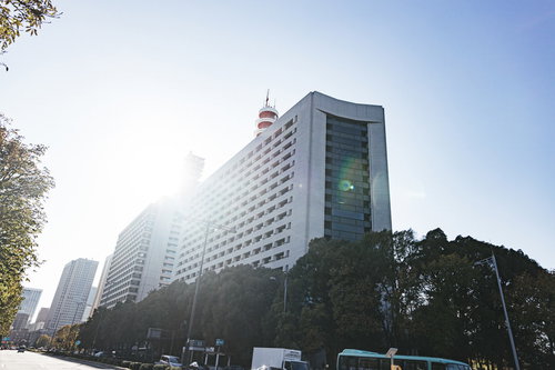 強い日差しに照らされた警視庁の建物のシルエット