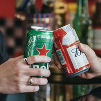 缶ビール2本でする乾杯 飲み会やパーティーシーンの写真