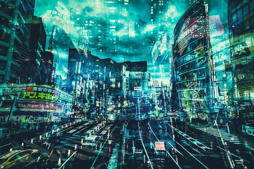 海辺の花火と女性の二重露光フォトモンタージュ