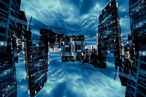 仮想化都市、高層ビル群が浮かぶフォトモンタージュ