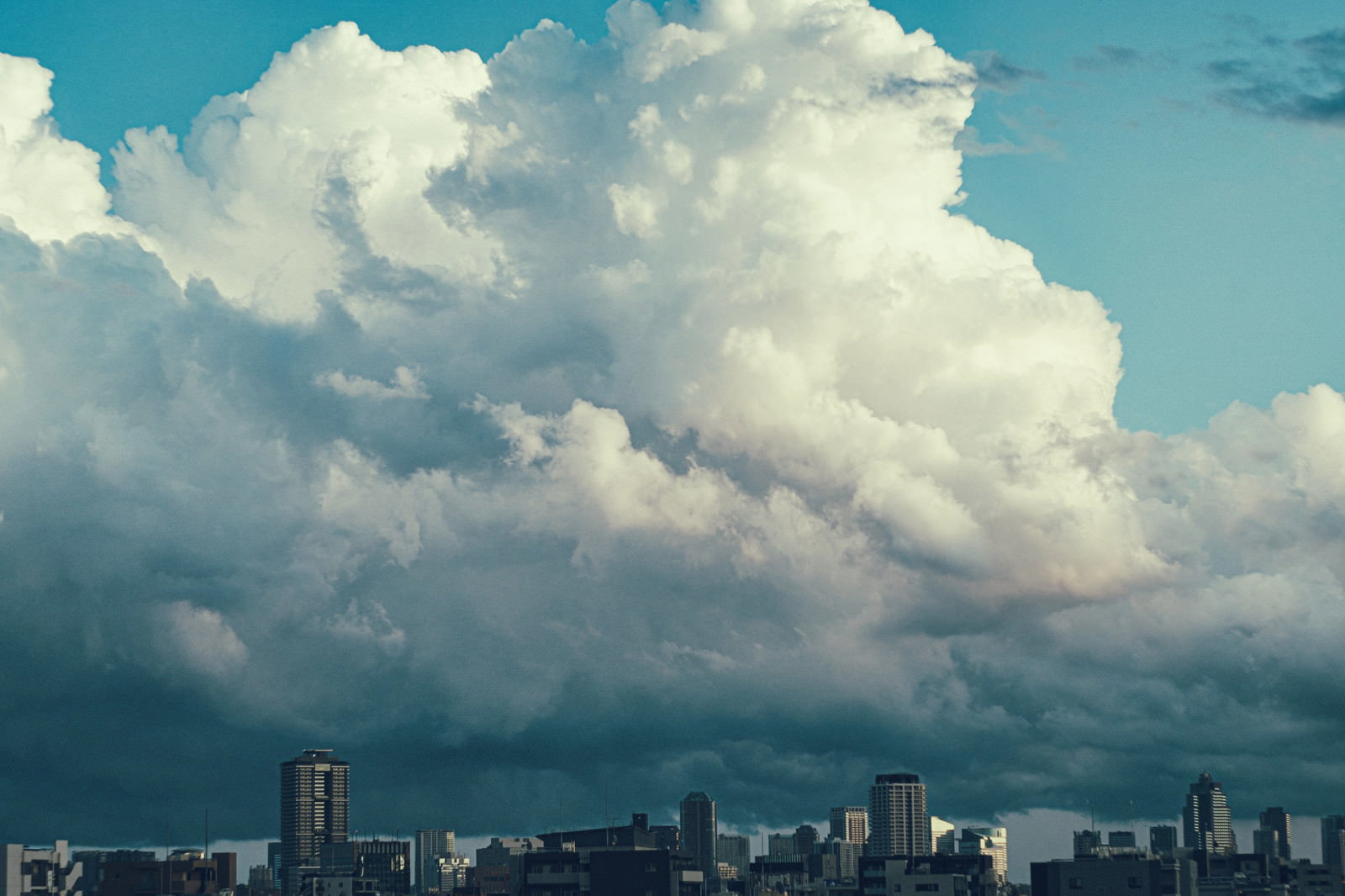 都市部の上空に発達した白い積乱雲が立ち上る雨雲