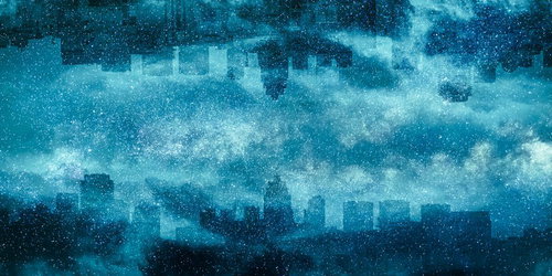 星空と街並みのシルエット、フォトモンタージュ表現