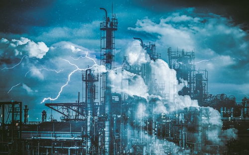 夜の工場と稲光が走るフォトモンタージュ 産業プラント