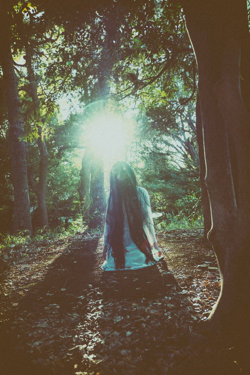 森の中で首をもたげて蹲る女性の怨念漂う恐怖の瞬間