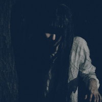 木陰に潜む恐怖、暗い夜の森で白い服の女性の写真