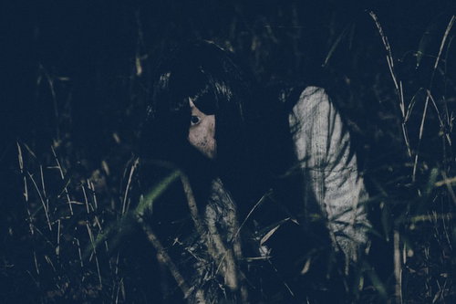 暗闇の草むらを這う髪の長い女性が映るホラー