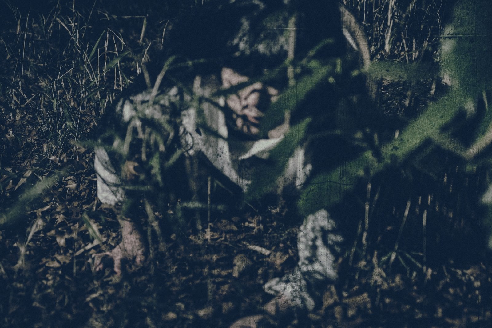 暗い草むらの中に立つ女性のシルエットを写した夜間撮影の写真［モデル：緋真煉］