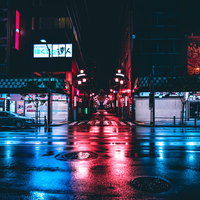 雨上がりの浅草中央通り、ネオンが濡れた路面に映る夜景の写真