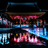 夜の浅草寺本堂、雨上がりの境内に映る光と赤い提灯の写真