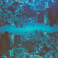 天地逆転した都市景観のフォトモンタージュの写真