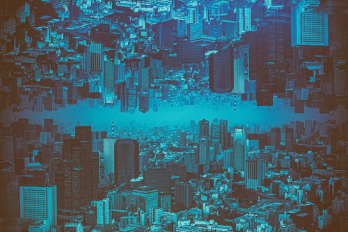 天地逆転した都市景観のフォトモンタージュ