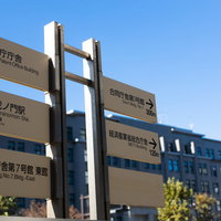 国税庁前の木製指導標識と案内板の写真
