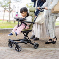 公園をベビーカーでお散歩する幼児と保護者の写真