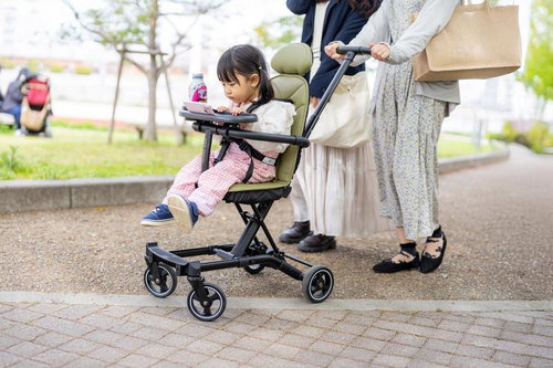 公園をベビーカーでお散歩する幼児と保護者