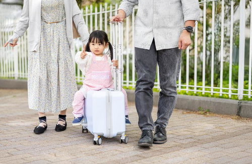 パパとママに囲まれて、キャリーケースで楽々移動