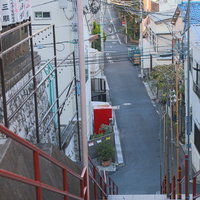 須賀神社の下り階段と赤いポスト・東京の聖地巡礼スポットの写真