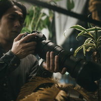 窓越しから望遠レンズでスクープを狙う調査中の男性の写真