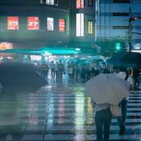 錦糸町駅前の雨に濡れた横断歩道で信号待ちする歩行者たちの写真