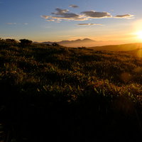 間もなく陽が沈む霧ヶ峰高原の夕景、草原を照らす夕焼けの写真