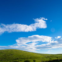 青空と白い雲が広がる霧ヶ峰高原でのハイキング風景の写真