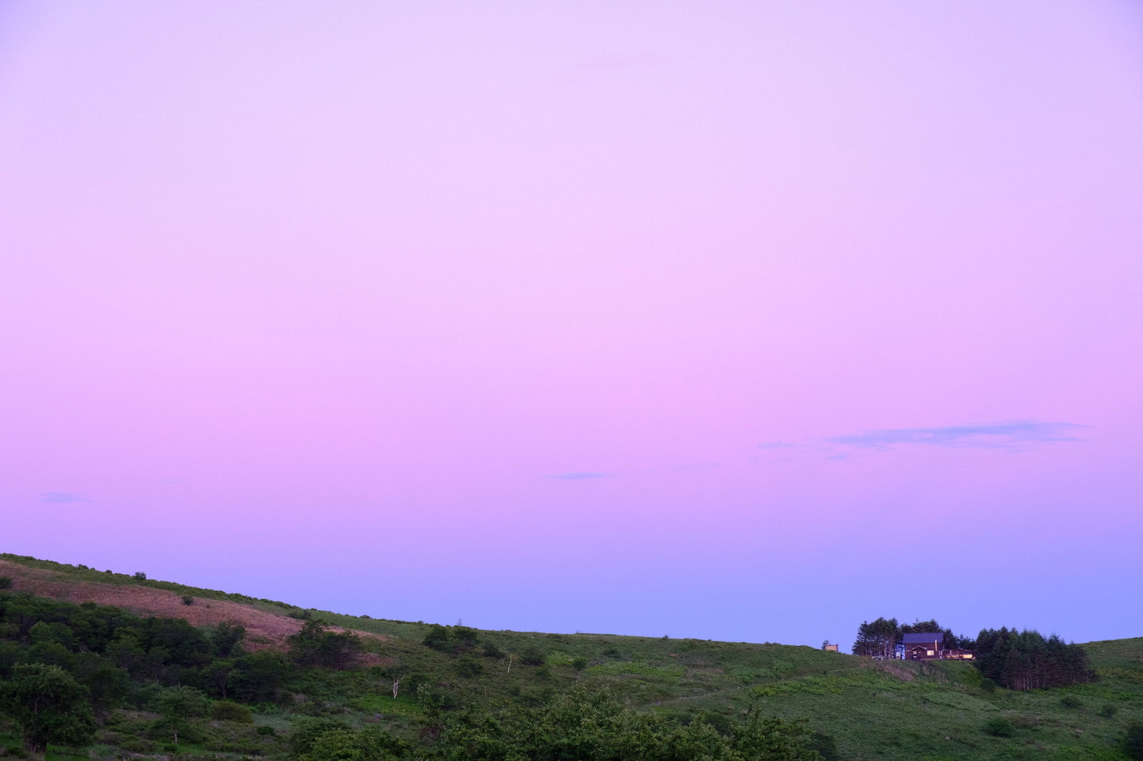 夕暮れ時の霧ヶ峰高原、紫色に染まった空と秋の草原