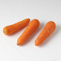 葉を落とした調理前のニンジン3本のオレンジ色野菜の写真