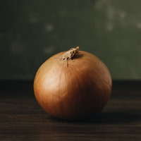 木目のテーブルの上に寂しそうに佇む玉葱の写真