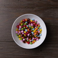 白いお皿に盛られたカラフルなチョコレート菓子の写真