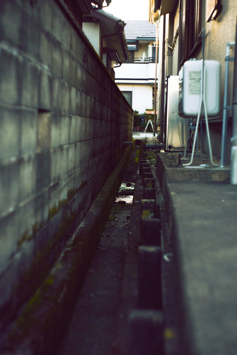住宅街の道路脇にある側溝と建物の境界を写した写真