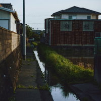 民家が立ち並ぶ路地脇を流れる用水路の写真