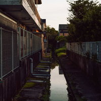 住宅街の路地裏を通る夕暮れの用水路の写真