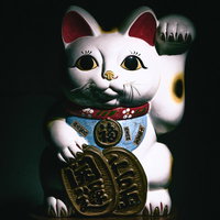 暗がりで右手を上げた金色装飾の招き猫の置物の写真