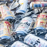 氷でキンキンに冷えた缶ビールと酒類のドリンクの写真