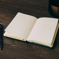 ボールペンで描かれる緑の手帳と白紙、デスクの勉強作業の写真