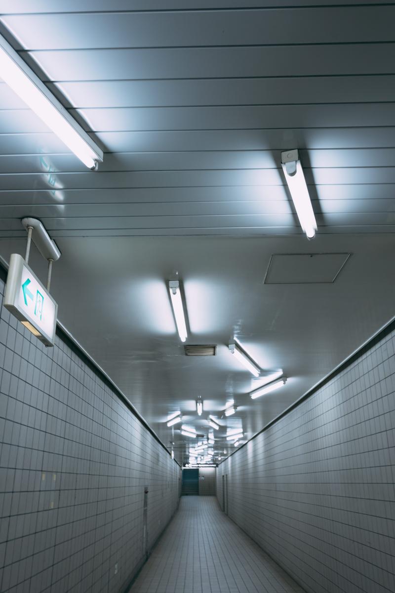 Multiple fluorescent lights illuminating the underground passage of Kiyosumi-Shirakawa in an unruly manner