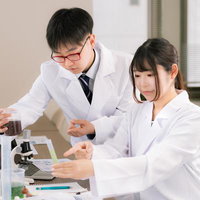 研究室で実験器具を使い白衣を着た男女が共同研究の写真