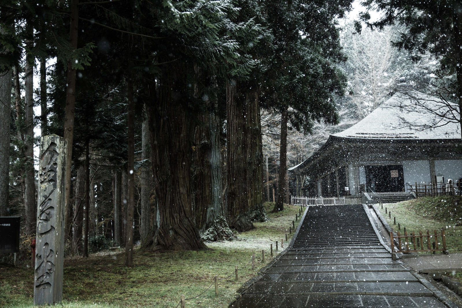 雪に覆われた中尊寺金色堂前の石段参道と覆堂