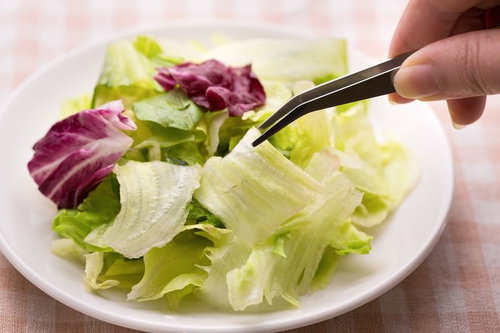 サラダを撮影しようとピンセットで紫レタスの葉をつかむ