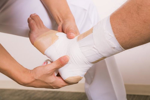 足首をがっしりテーピングで固定する処置と医療対応
