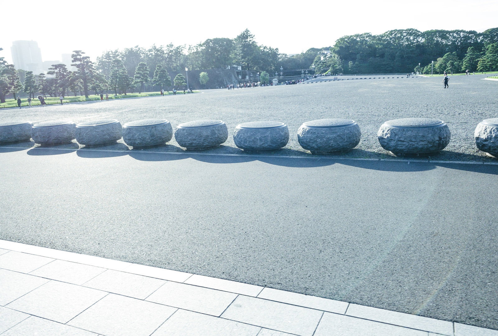 皇居の白い丸い石の車止めが一列に並んでいる様子