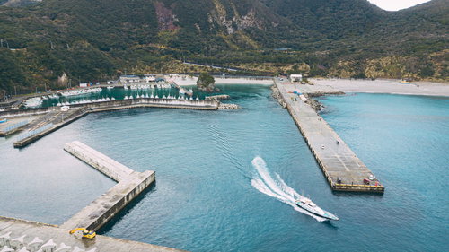 神津島の多幸湾から出港する白い漁船と漁港の風景