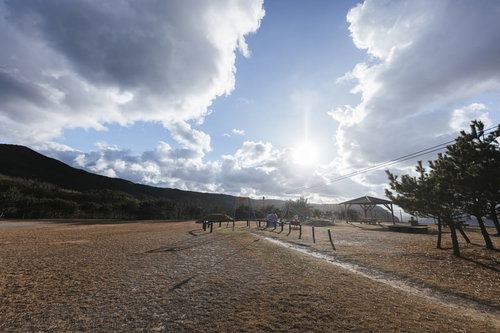 よたね広場の景観、山々を背景にした公園の広場