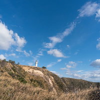 青空の下、丘上に建つ白い神津島灯台の風景の写真