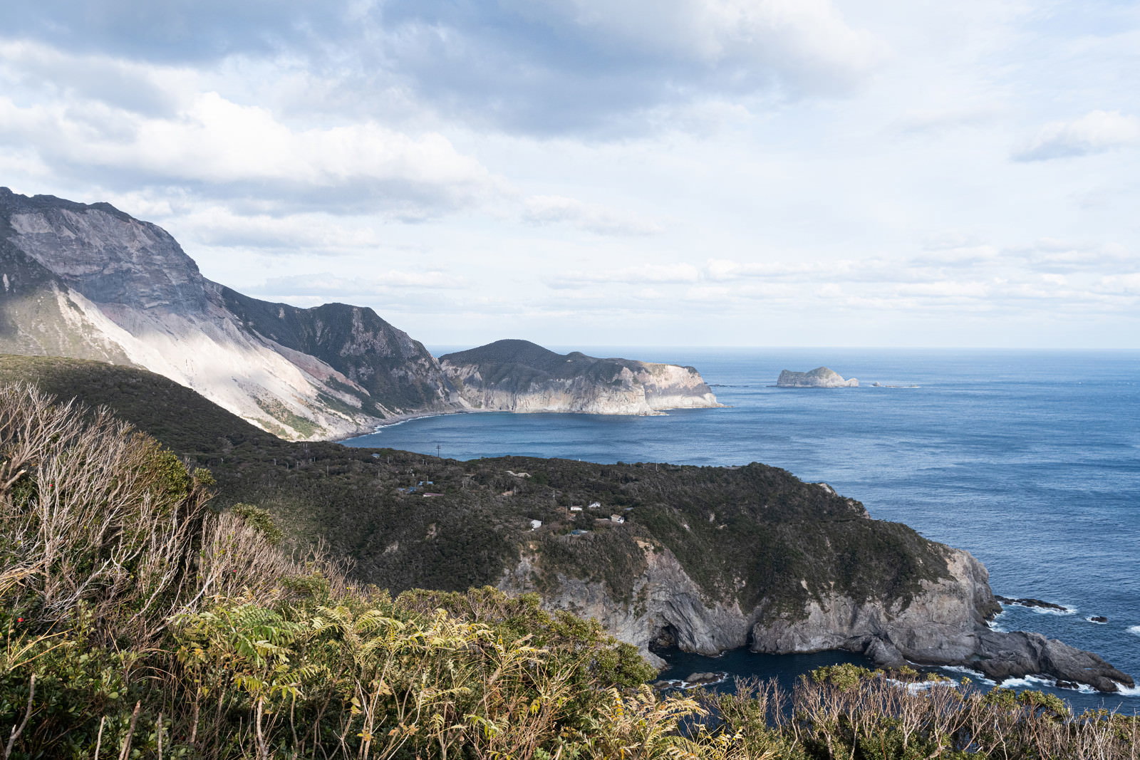 三浦湾展望台から見下ろす多幸湾の景色、緑の草原と青い海