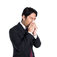 ティッシュで鼻をかむくしゃみが止まらない会社員の写真